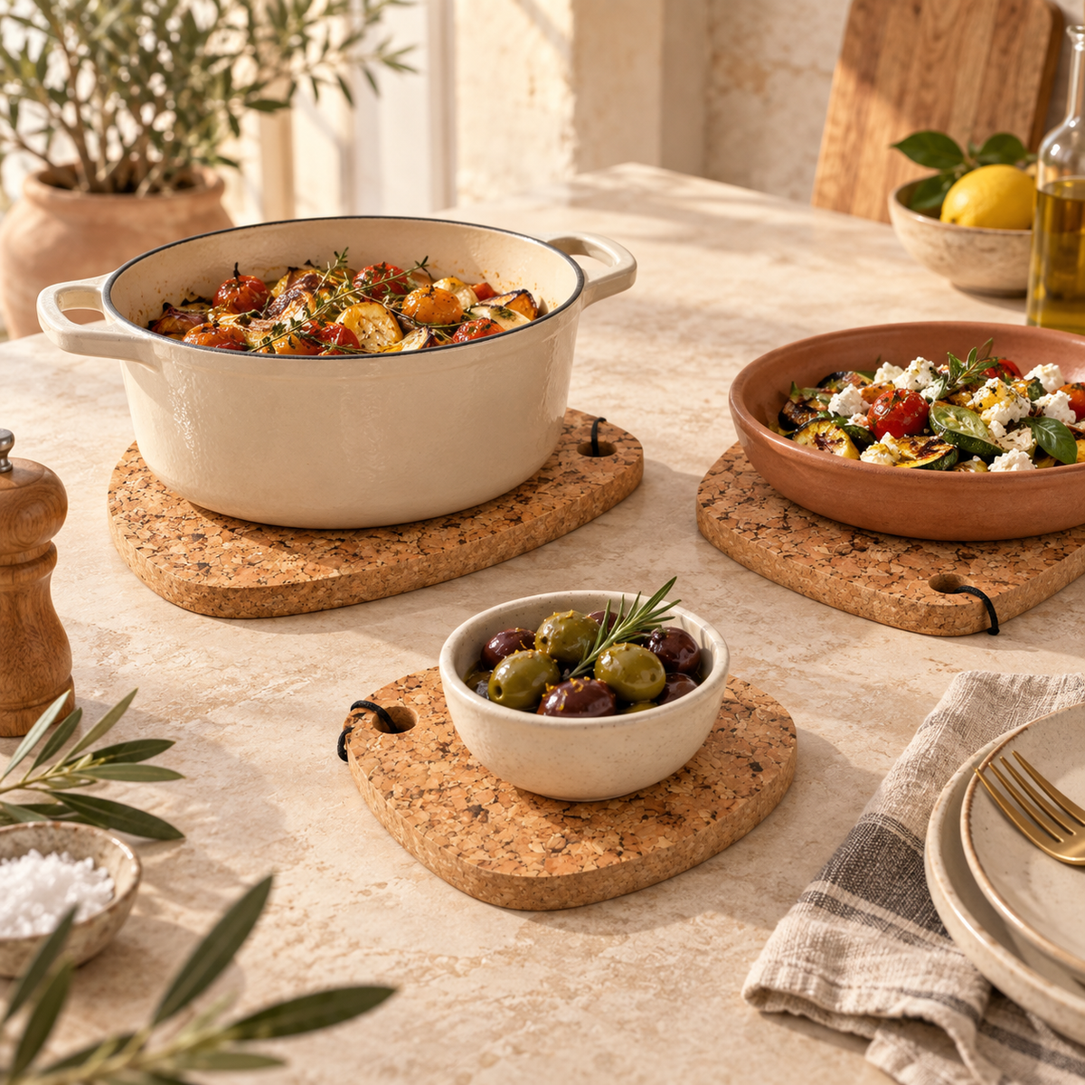 Country tear-shaped cork trivets in graduated sizes with serving dishes