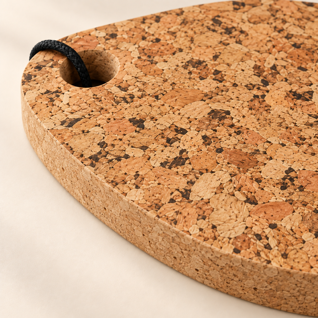Country cork trivet - close-up of natural cork texture, 15 mm edge and hanging loop