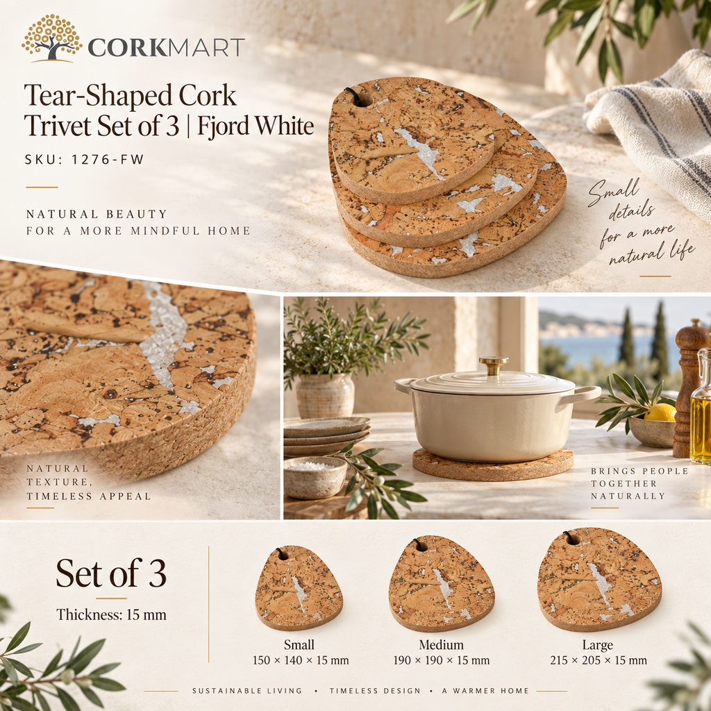 CorkMart Tear-Shaped Cork Trivet Set of 3 Fjord White infographic - 15 mm, SKU 1276-FW