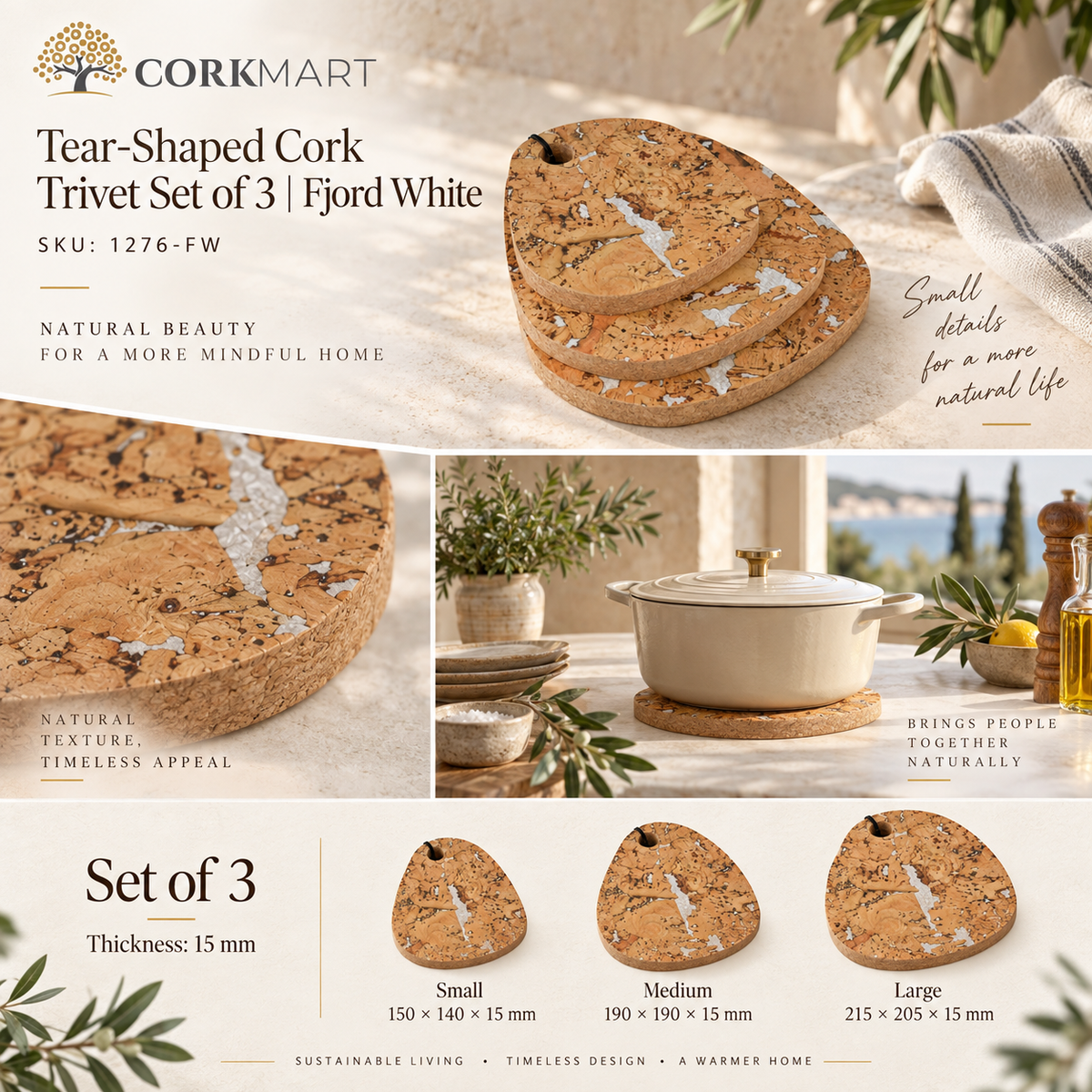 CorkMart Tear-Shaped Cork Trivet Set of 3 Fjord White infographic - 15 mm, SKU 1276-FW