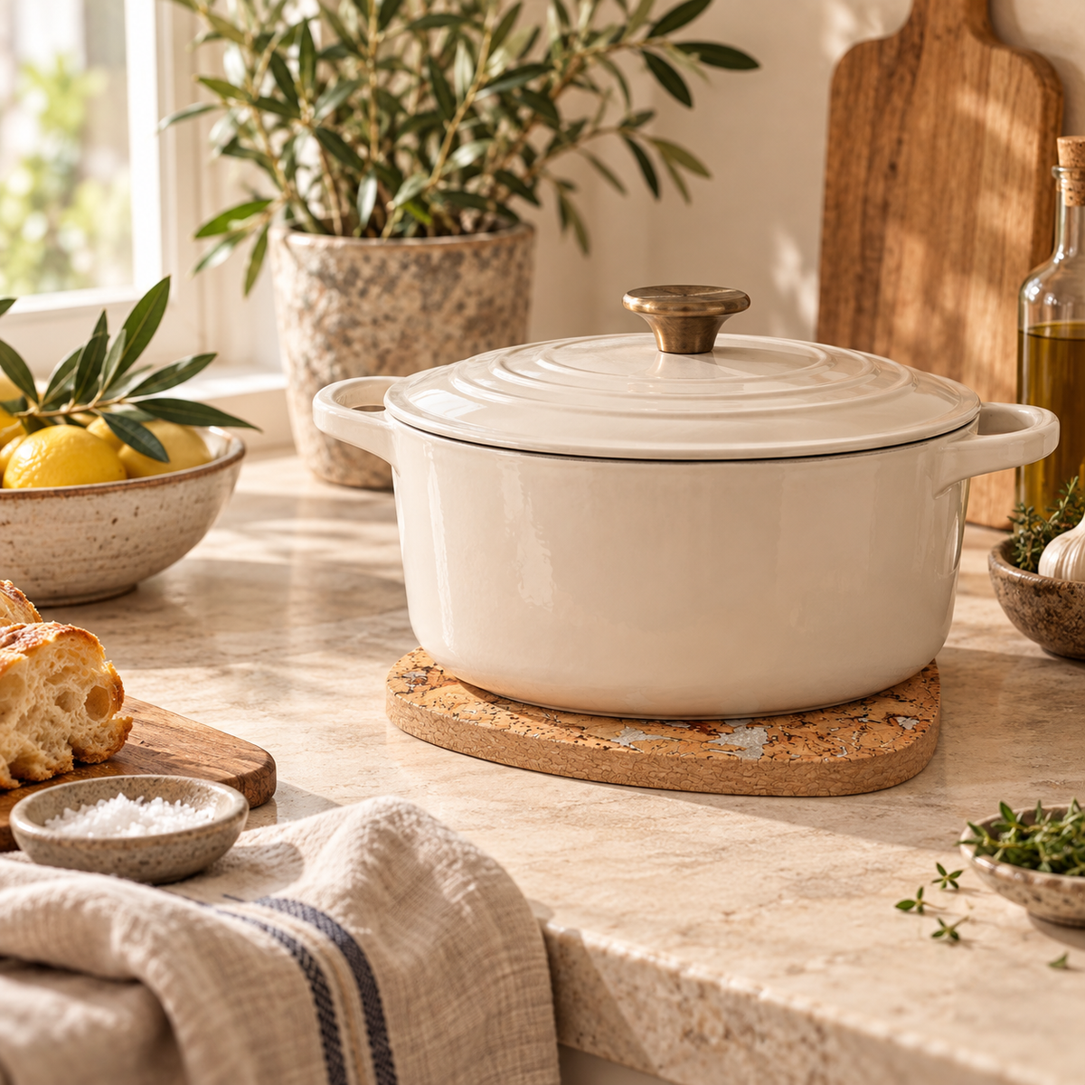 Fjord White tear-shaped cork trivet supporting hot cookware in a Mediterranean kitchen