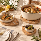 Fjord White tear-shaped cork trivets in graduated sizes with serving dishes