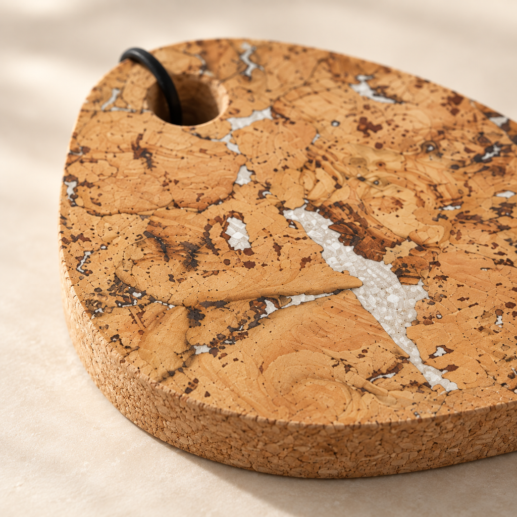 Fjord White cork trivet - close-up of white-accent cork pattern, edge and hanging loop