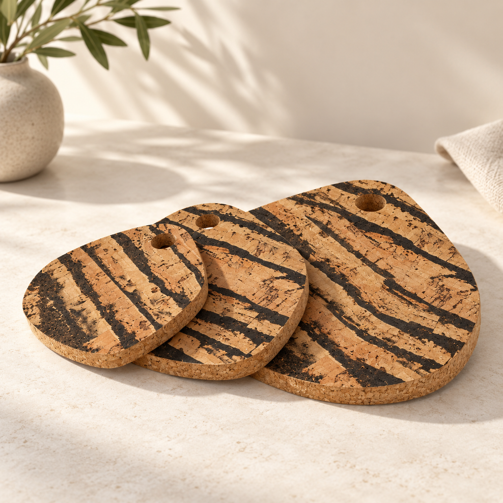 Tear-Shaped Cork Trivet Set of 3 Tiger - angled layered view