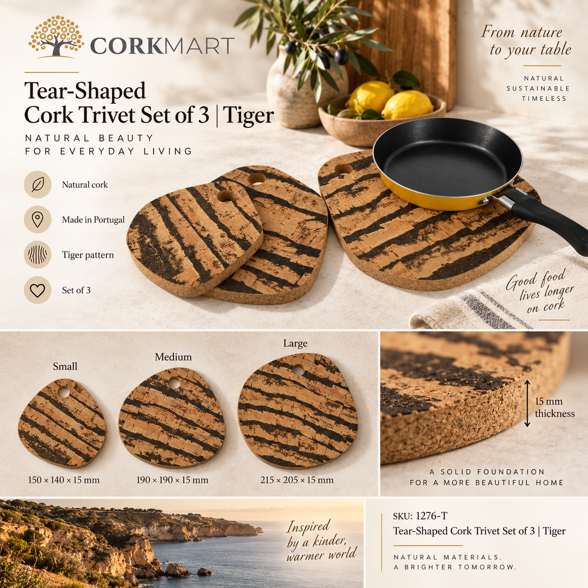 CorkMart Tear-Shaped Cork Trivet Set of 3 Tiger infographic - 15 mm, SKU 1276-T