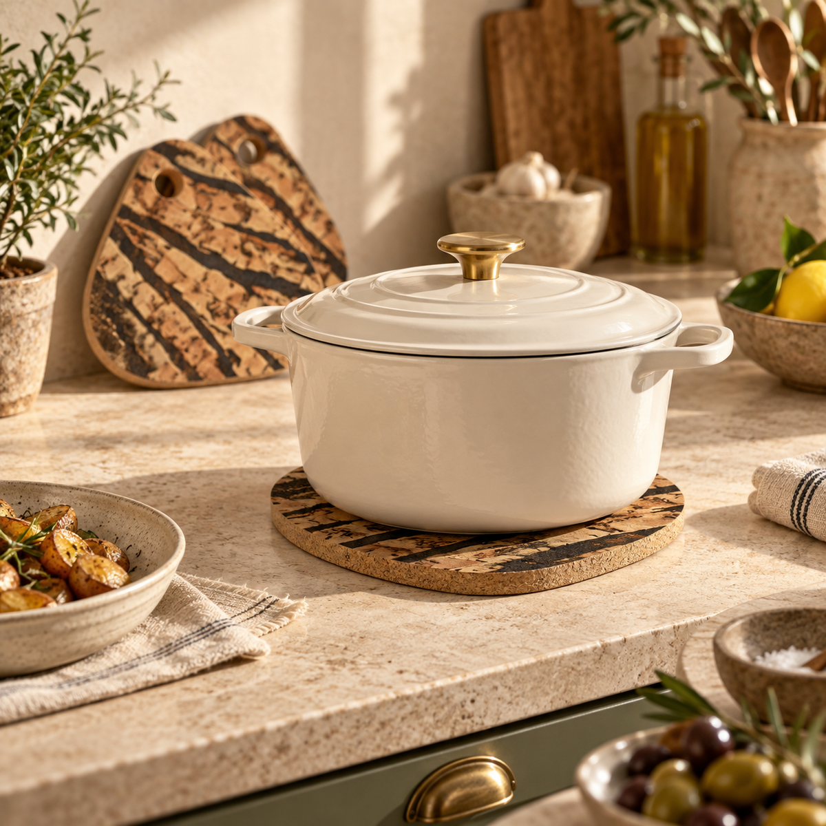 Tiger tear-shaped cork trivet supporting hot cookware in a Mediterranean kitchen