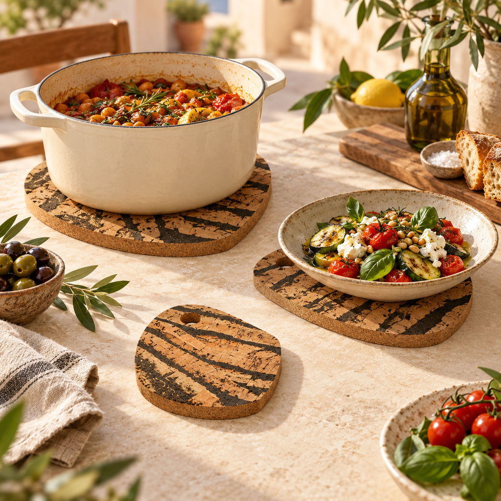 Tiger tear-shaped cork trivets in graduated sizes with serving dishes