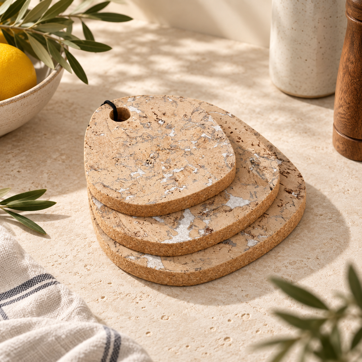 Tear-Shaped Cork Trivet Set of 3 Snow White - angled view showing three sizes