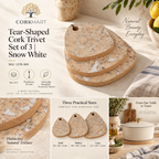 CorkMart Tear-Shaped Cork Trivet Set of 3 Snow White infographic - 15 mm, SKU 1276-WH
