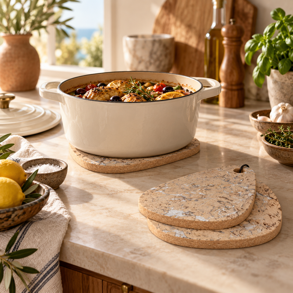 Snow White tear-shaped cork trivet supporting hot cookware in a Mediterranean kitchen
