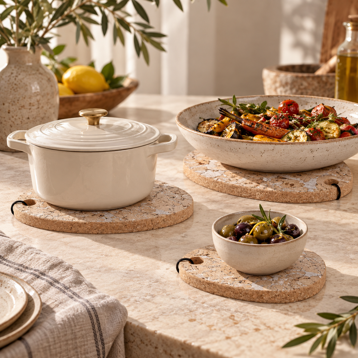 Snow White tear-shaped cork trivets in graduated sizes with serving dishes