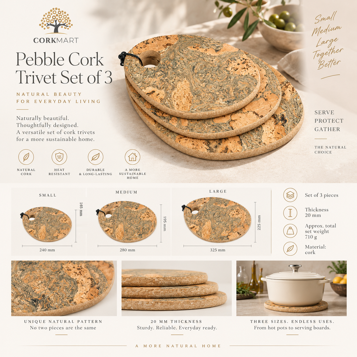 CorkMart Pebble Cork Trivet Set of 3 infographic - 240 × 165, 280 × 195 and 325 × 225 mm, 20 mm
