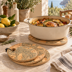 Pebble cork trivet supporting hot cookware in a Mediterranean kitchen