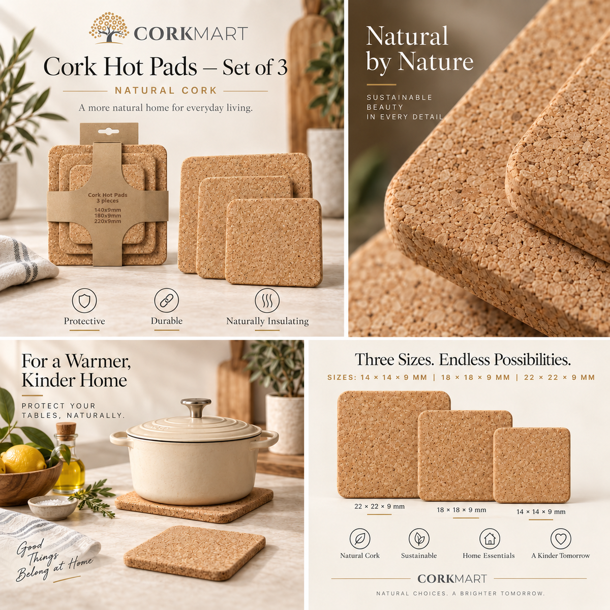CorkMart square trivet set of 3 — 9 mm editorial product infographic