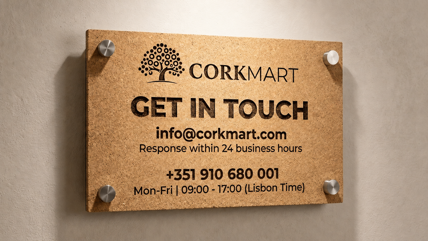 CorkMart contact information sign on a beige wall