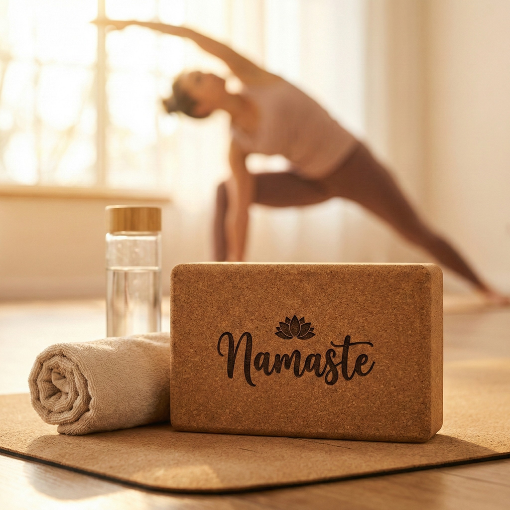 Custom laser engraved eco-friendly cork yoga block by CorkMart