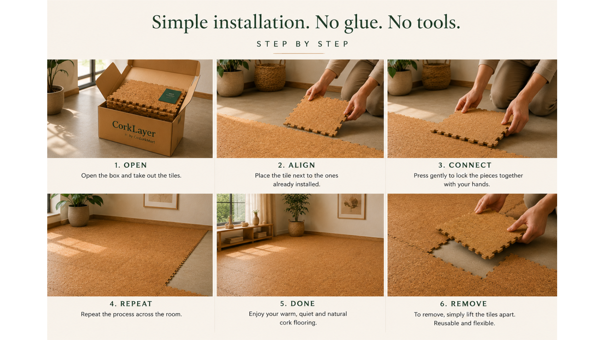 Step-by-step guide on installing cork flooring with images and text.