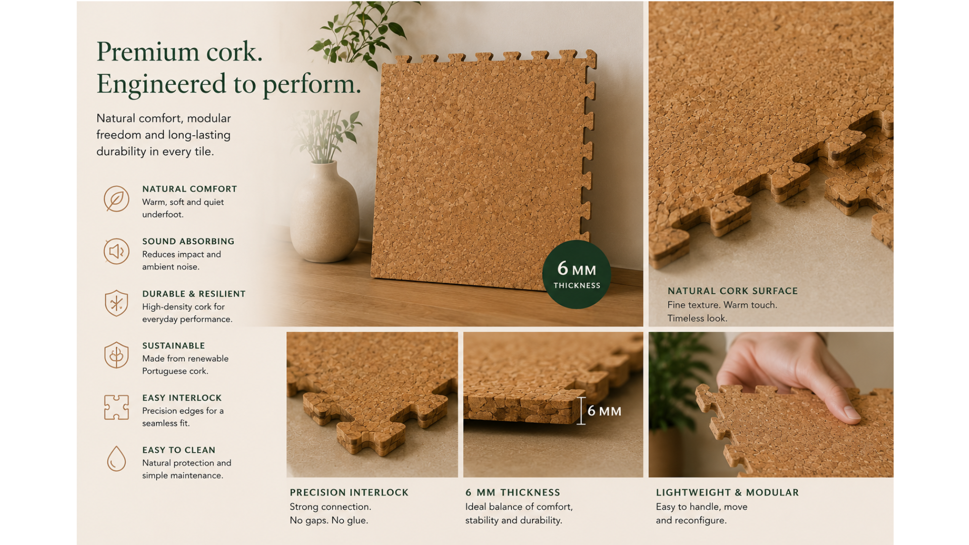 Cork flooring tiles with specifications and benefits on a beige background