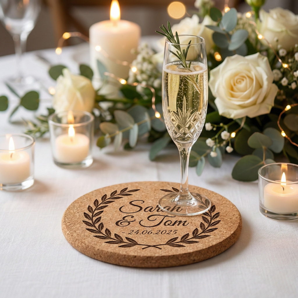 Custom laser engraved premium round cork coaster by CorkMart