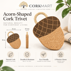 Acorn-Shaped Cork Trivet product collage with official CorkMart logo, 18 × 16 cm dimensions and 20 mm thickness