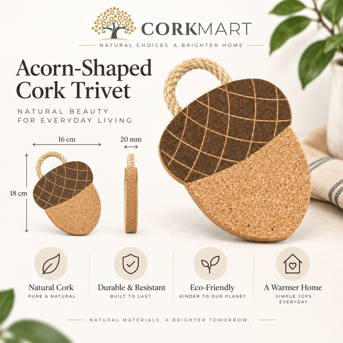 Acorn-Shaped Cork Trivet product collage with official CorkMart logo, 18 × 16 cm dimensions and 20 mm thickness