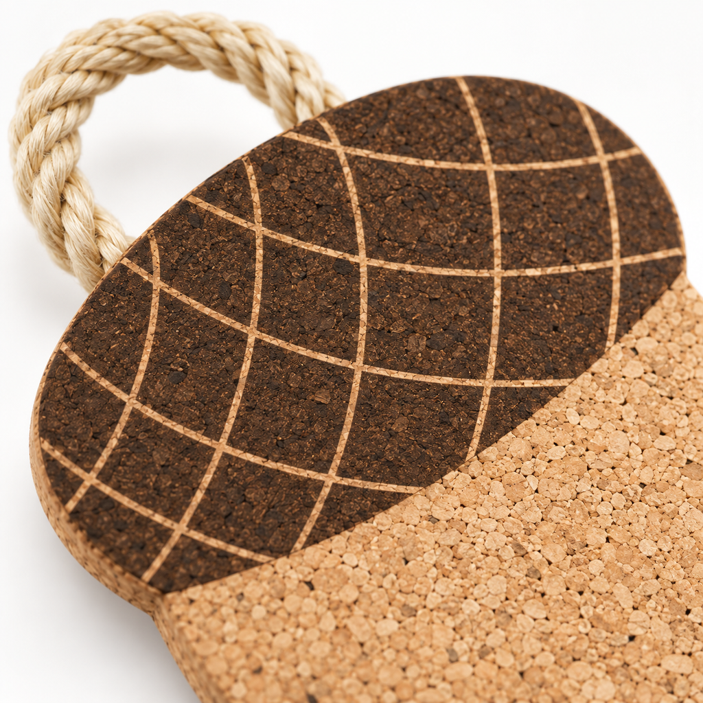 Close-up of Acorn-Shaped Cork Trivet cork texture, patterned cap and rope loop