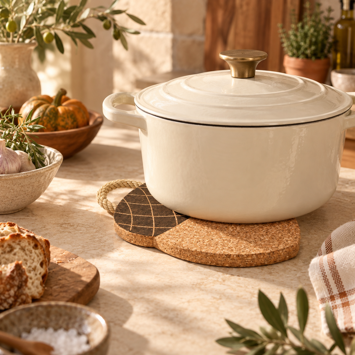 Acorn-Shaped Cork Trivet supporting hot cookware in a warm kitchen