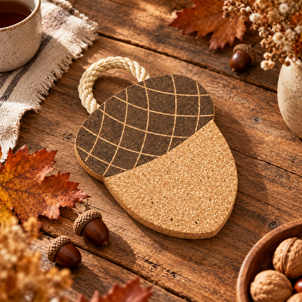 Acorn-Shaped Cork Trivet in a warm autumn lifestyle setting