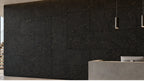 Acoustic Black cork acoustic wall tile shown in a conceptual architectural interior visualization
