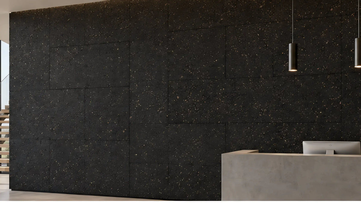 Acoustic Black cork acoustic wall tile shown in a conceptual architectural interior visualization