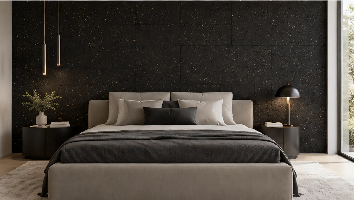 Acoustic Black cork acoustic wall tile shown in a conceptual residential bedroom visualization