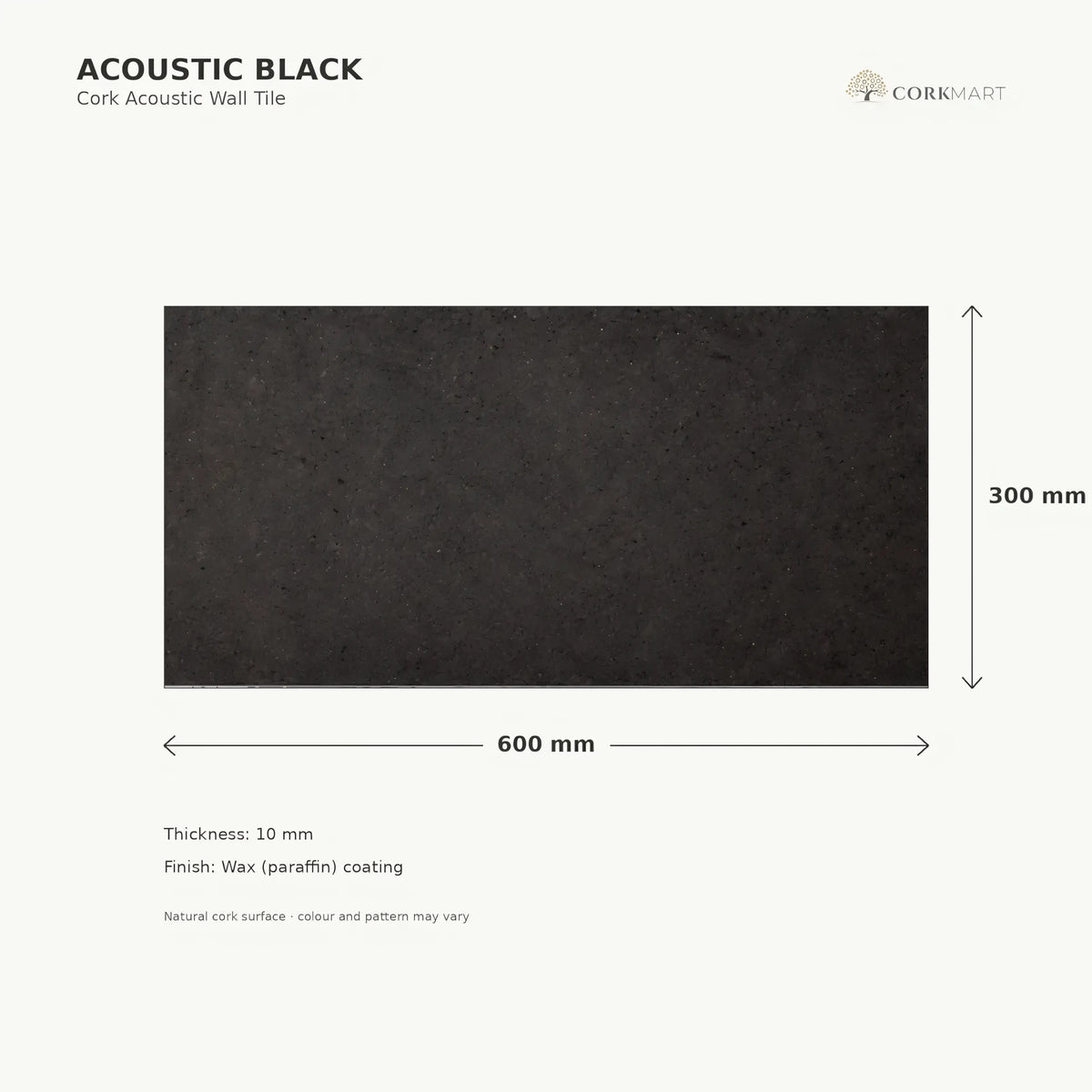Acoustic Black cork acoustic wall tile dimensions, 600 × 300 × 10 mm; 300 × 300 mm format also available