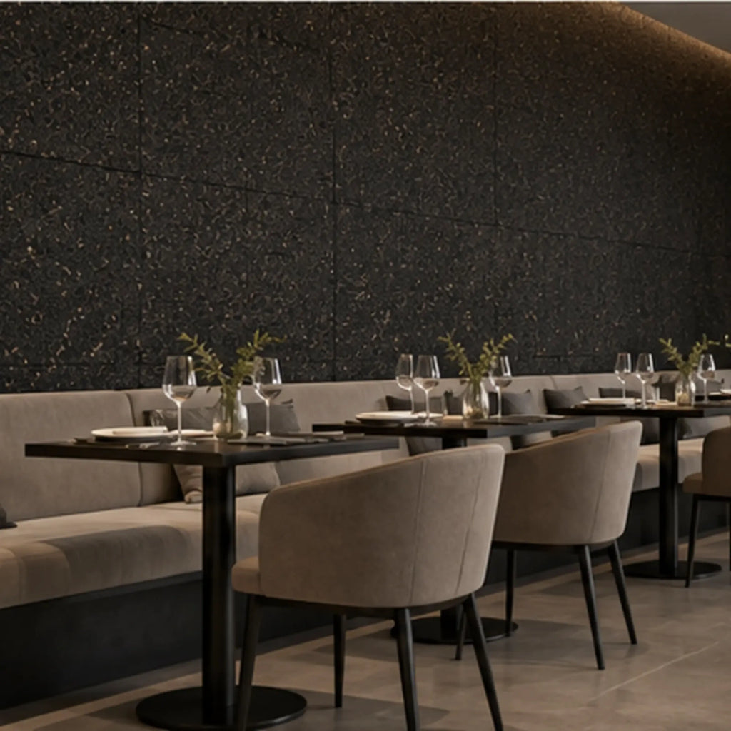 Acoustic Black cork acoustic wall tile shown in a conceptual hospitality restaurant visualization