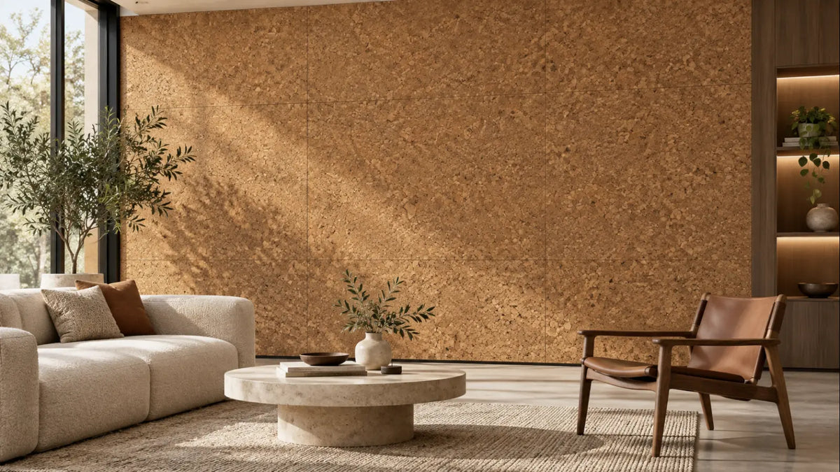 Acoustic Brown cork acoustic wall tile shown in a conceptual architectural interior visualization