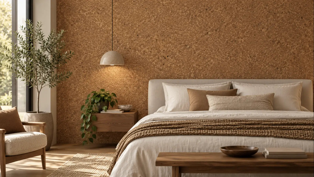 Acoustic Brown cork acoustic wall tile shown in a conceptual residential bedroom visualization
