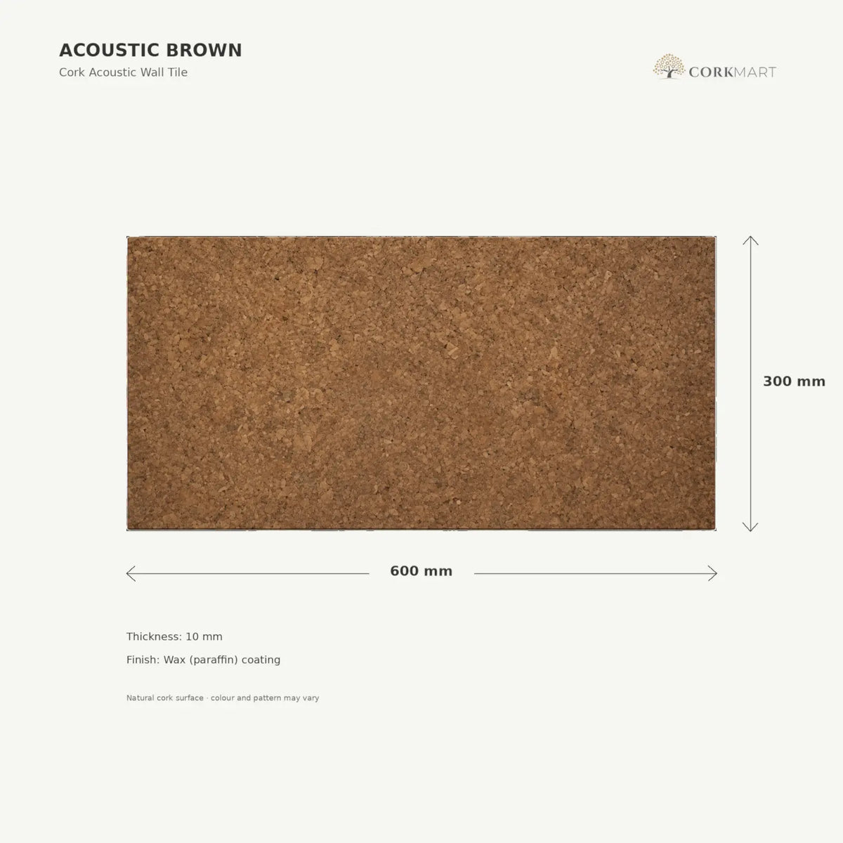 Acoustic Brown cork acoustic wall tile dimensions, 600 × 300 × 10 mm; 300 × 300 mm format also available