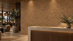 Acoustic Brown cork acoustic wall tile shown in a conceptual hospitality reception visualization