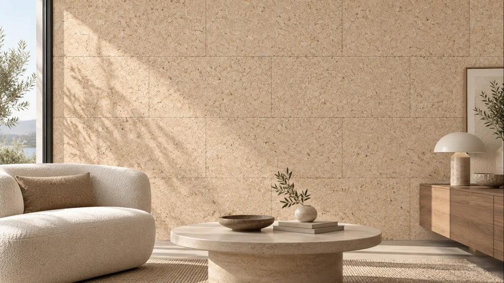 Acoustic Cream cork acoustic wall tile shown in a conceptual architectural interior visualization