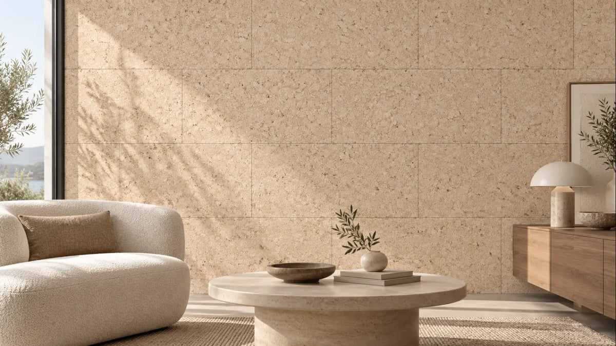 Acoustic Cream cork acoustic wall tile shown in a conceptual architectural interior visualization