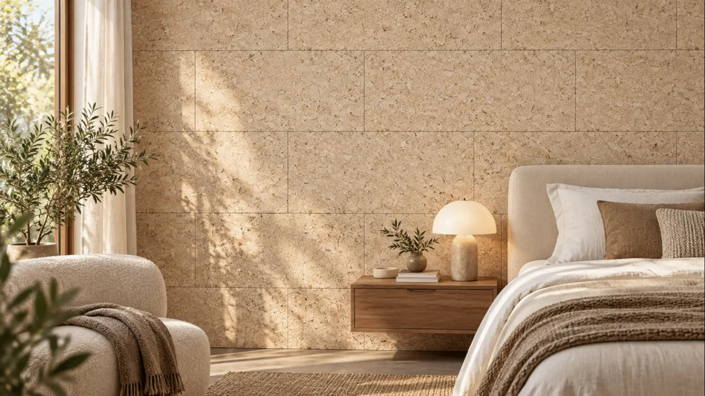 Acoustic Cream cork acoustic wall tile shown in a conceptual residential bedroom visualization