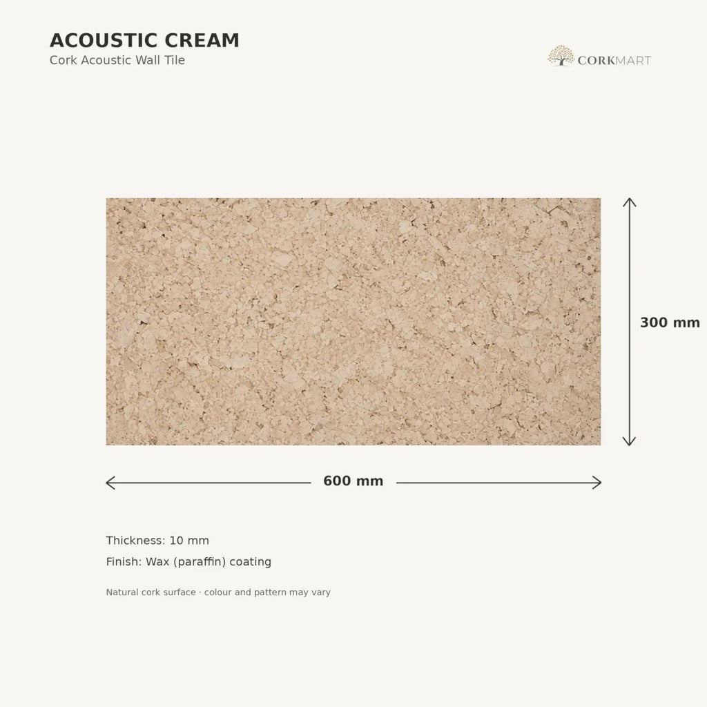 Acoustic Cream cork acoustic wall tile dimensions, 600 × 300 × 10 mm; 300 × 300 mm format also available