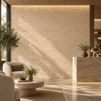 Acoustic Cream cork acoustic wall tile shown in a conceptual hospitality reception visualization