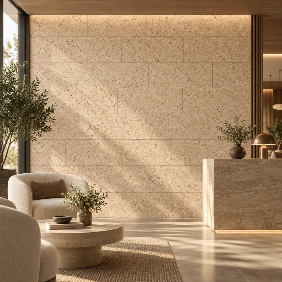 Acoustic Cream cork acoustic wall tile shown in a conceptual hospitality reception visualization
