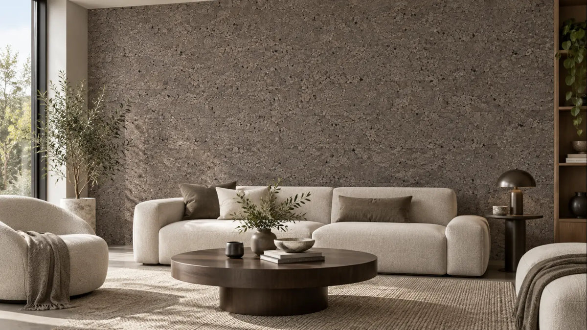 Acoustic Grey cork acoustic wall tile shown in a conceptual architectural interior visualization