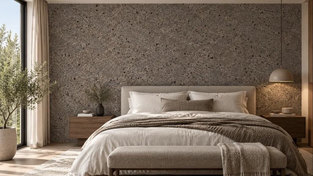 Acoustic Grey cork acoustic wall tile shown in a conceptual residential bedroom visualization