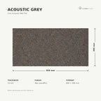 Acoustic Grey cork acoustic wall tile dimensions, 600 × 300 × 10 mm; 300 × 300 mm format also available