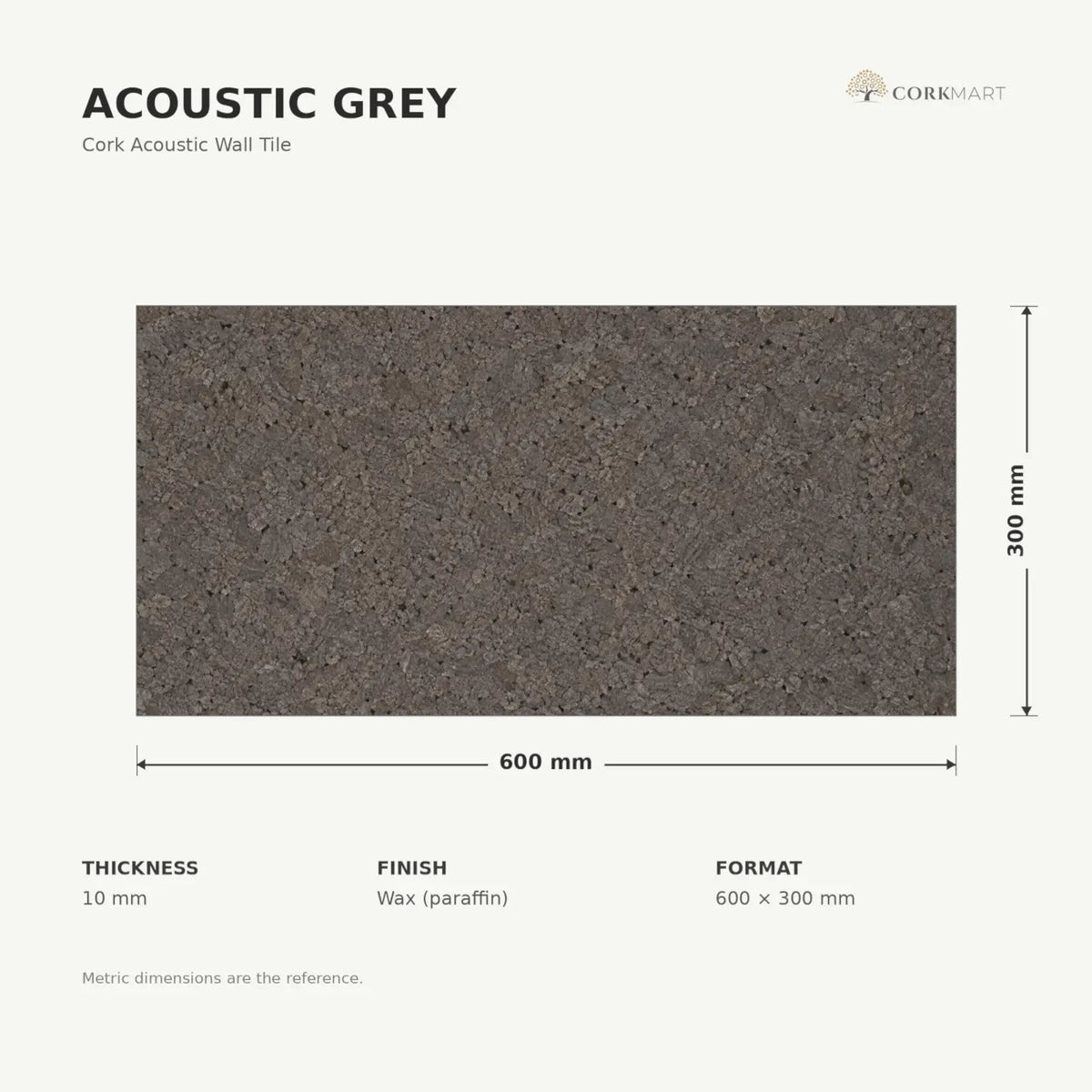 Acoustic Grey cork acoustic wall tile dimensions, 600 × 300 × 10 mm; 300 × 300 mm format also available