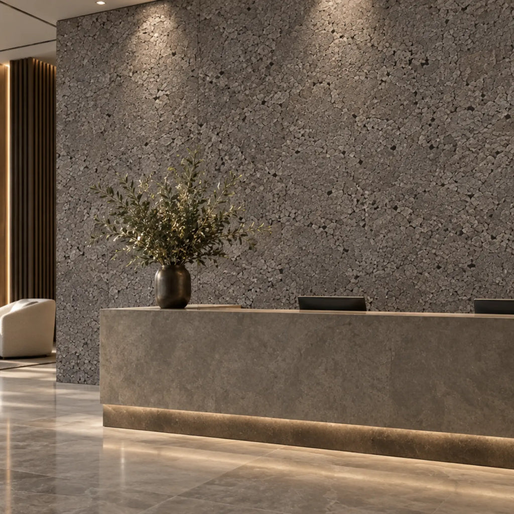 Acoustic Grey cork acoustic wall tile shown in a conceptual hospitality reception visualization