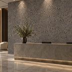 Acoustic Grey cork acoustic wall tile shown in a conceptual hospitality reception visualization