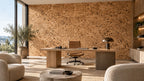 Acoustic Natural cork acoustic wall tile shown in a conceptual architectural interior visualization